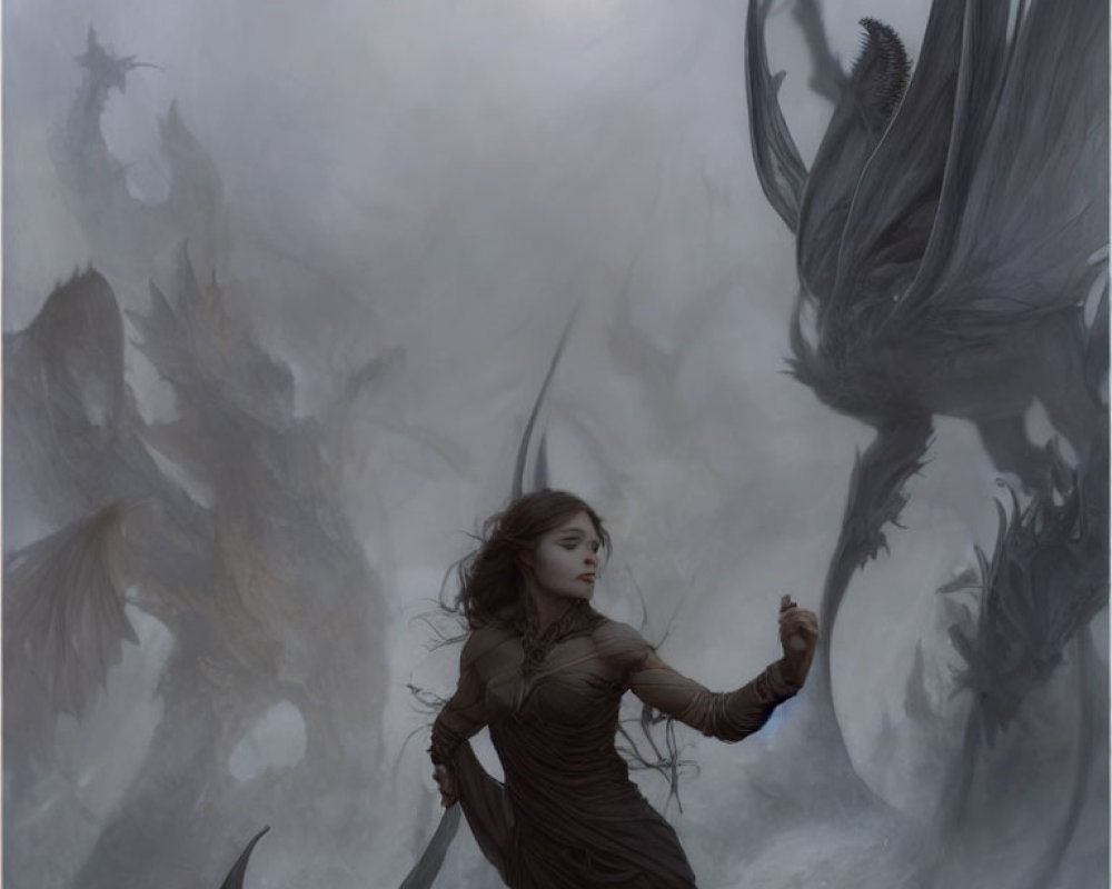 Woman in brown dress with scythe, dragons in misty background.