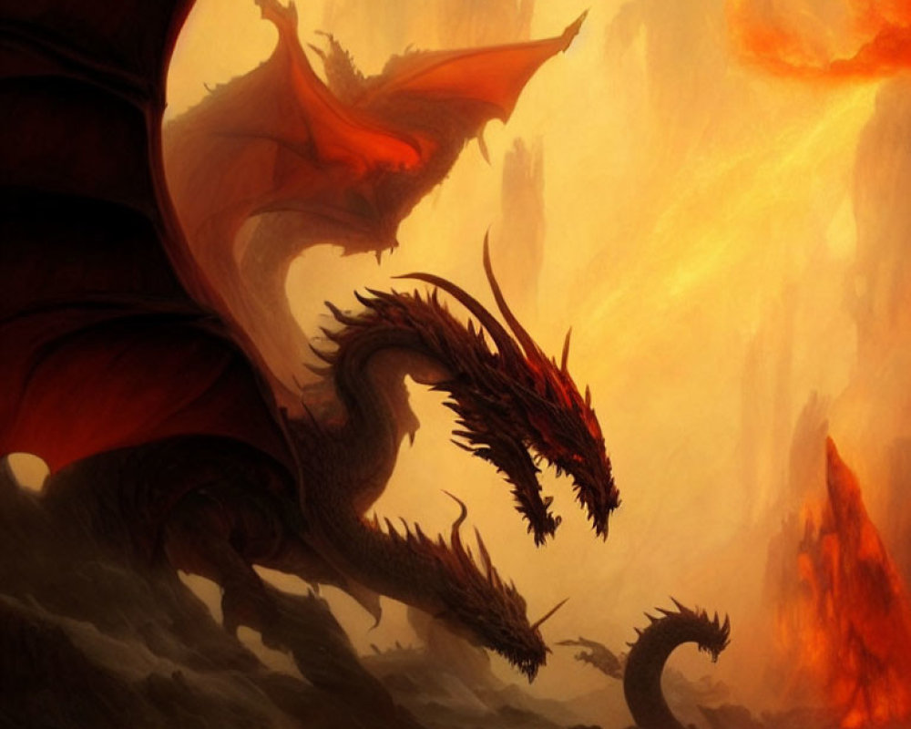 Majestic dragon with spread wings in fiery landscape