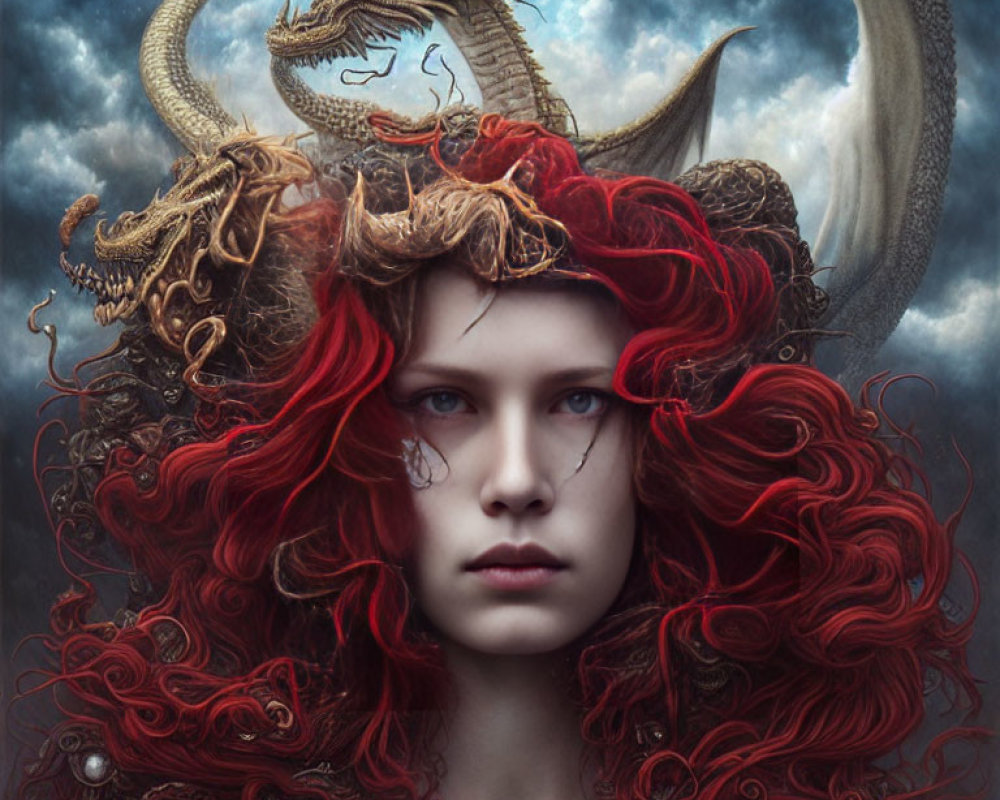 Voluminous red hair woman with dragon on stormy sky background