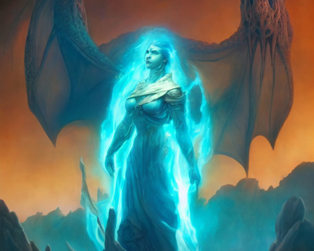 Mystical dragon-winged woman with glowing blue aura in fantasy setting