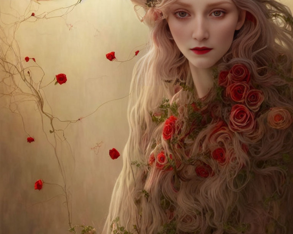 Portrait of a woman with pale skin and roses in hair against floral background