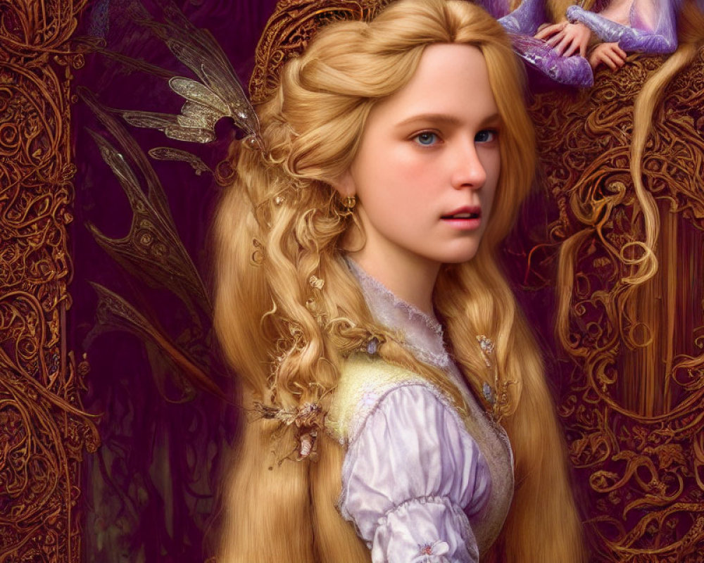 Digital Artwork: Young Woman with Blonde Hair, Purple Dress, and Fairy