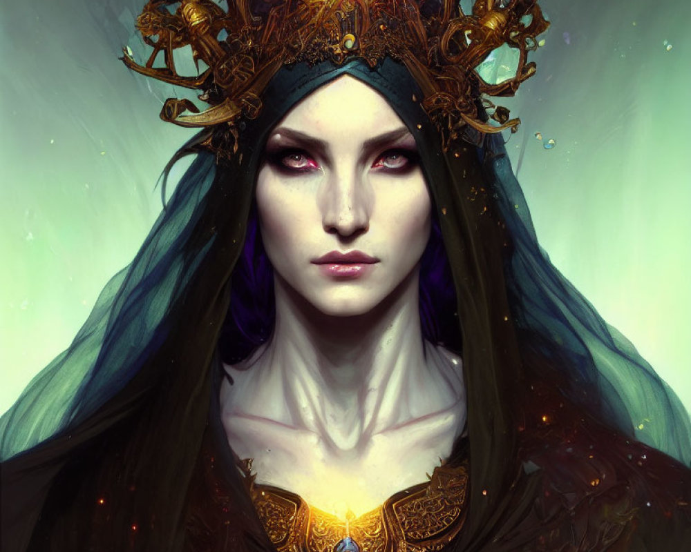 Ethereal woman with red eyes, golden crown, and green aura