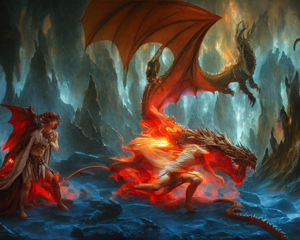 Armored warrior with fire-winged dragon in dramatic cave landscape