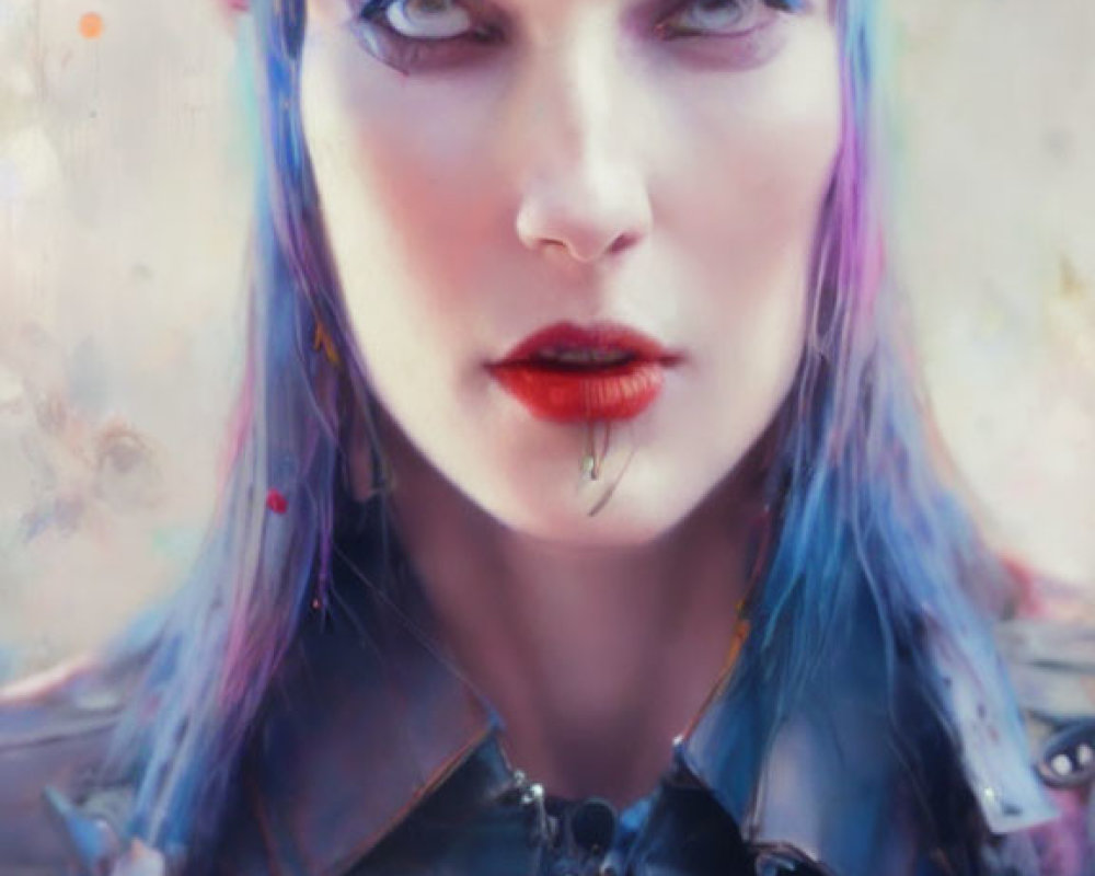 Portrait of person with blue dyed hair, violet eyes, and cyberpunk style featuring lip piercing and