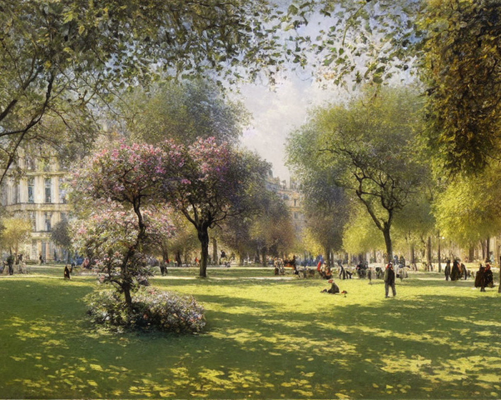 Tranquil park scene with blooming trees and people strolling under a sunlit sky