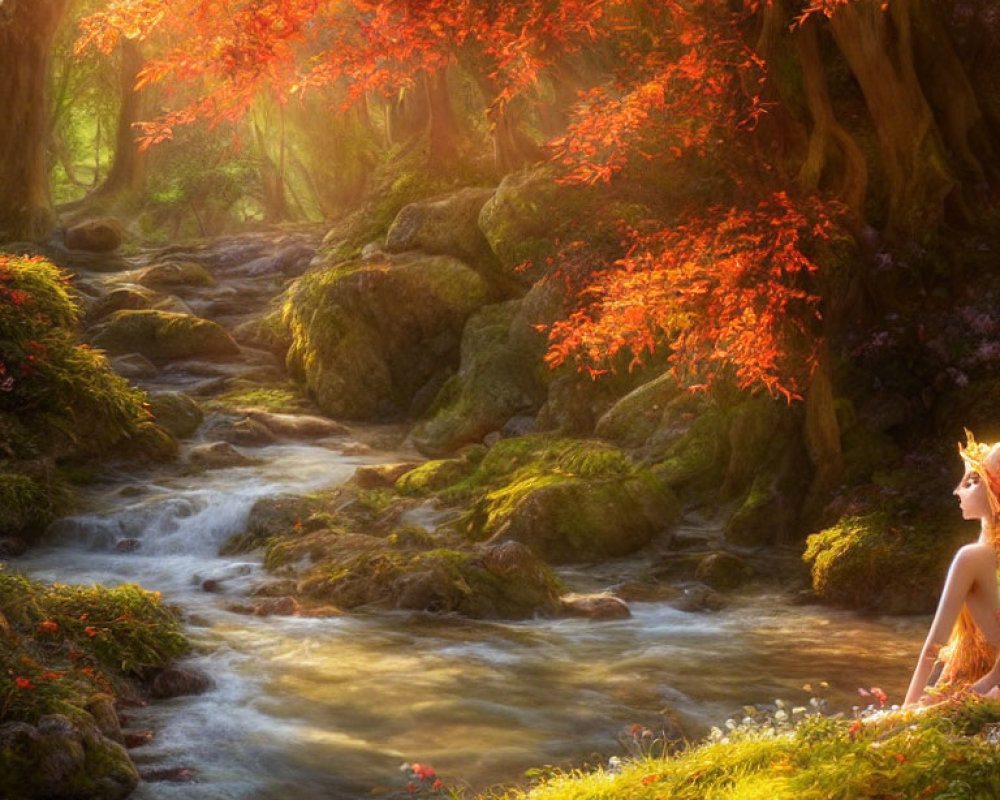 Tranquil forest stream with person sitting among autumn leaves