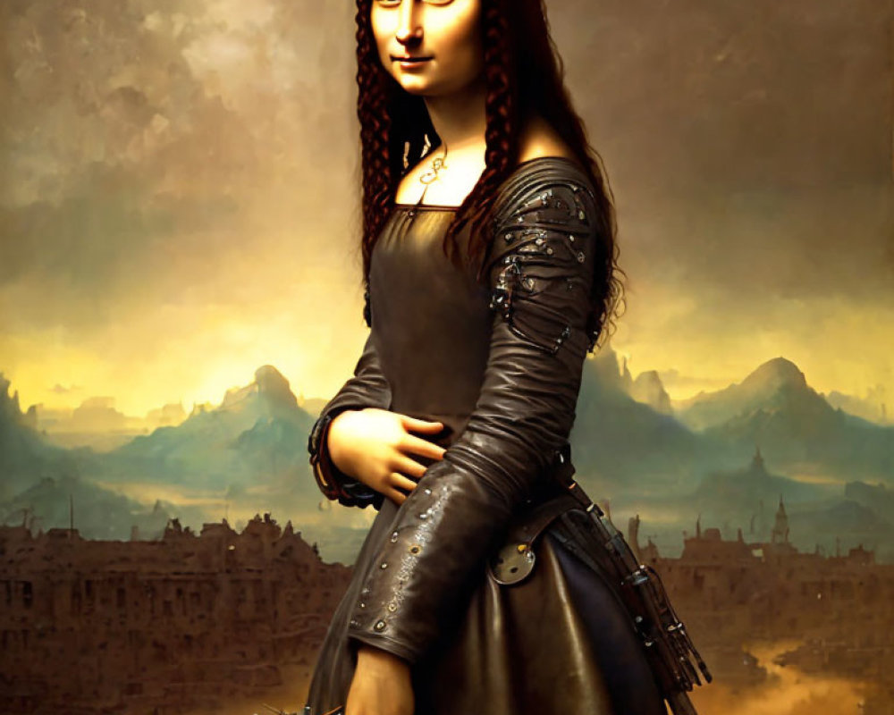 Cybernetic arms Mona Lisa with guns in misty landscape