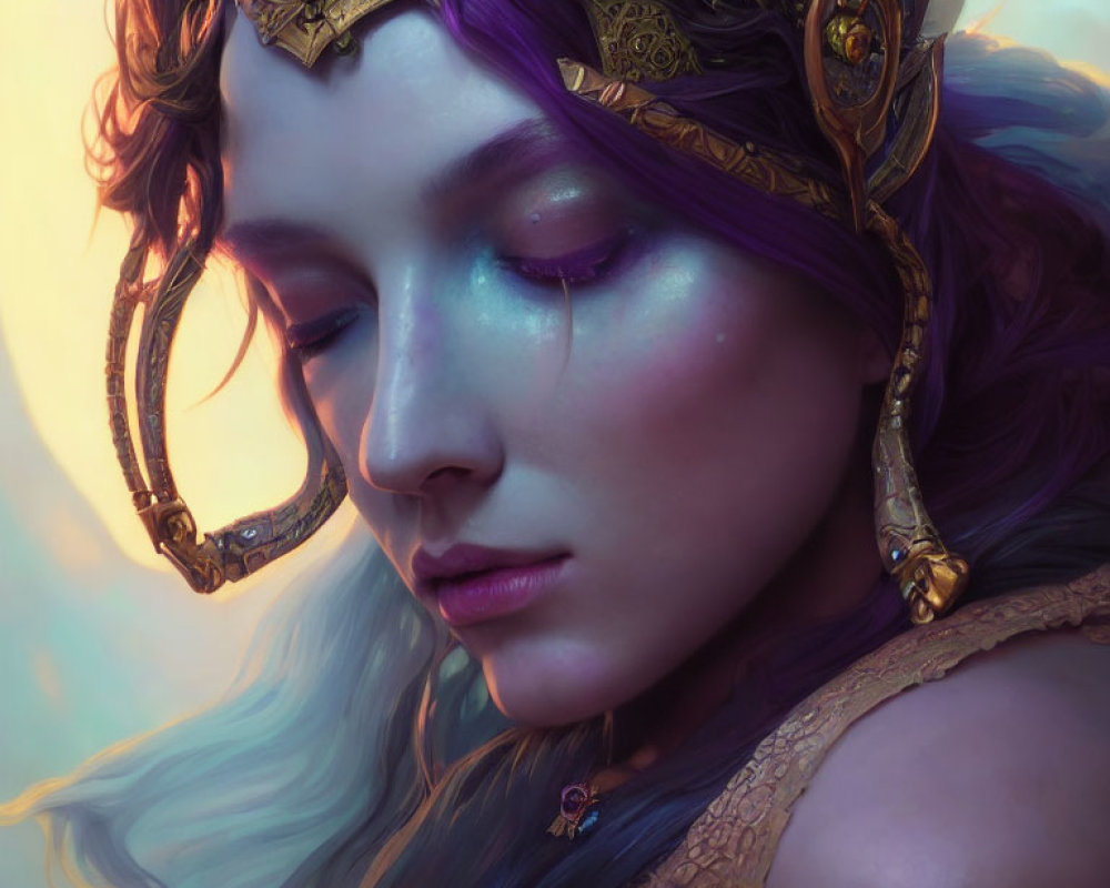 Character with Purple Hair and Golden Headdress in Ethereal Close-Up