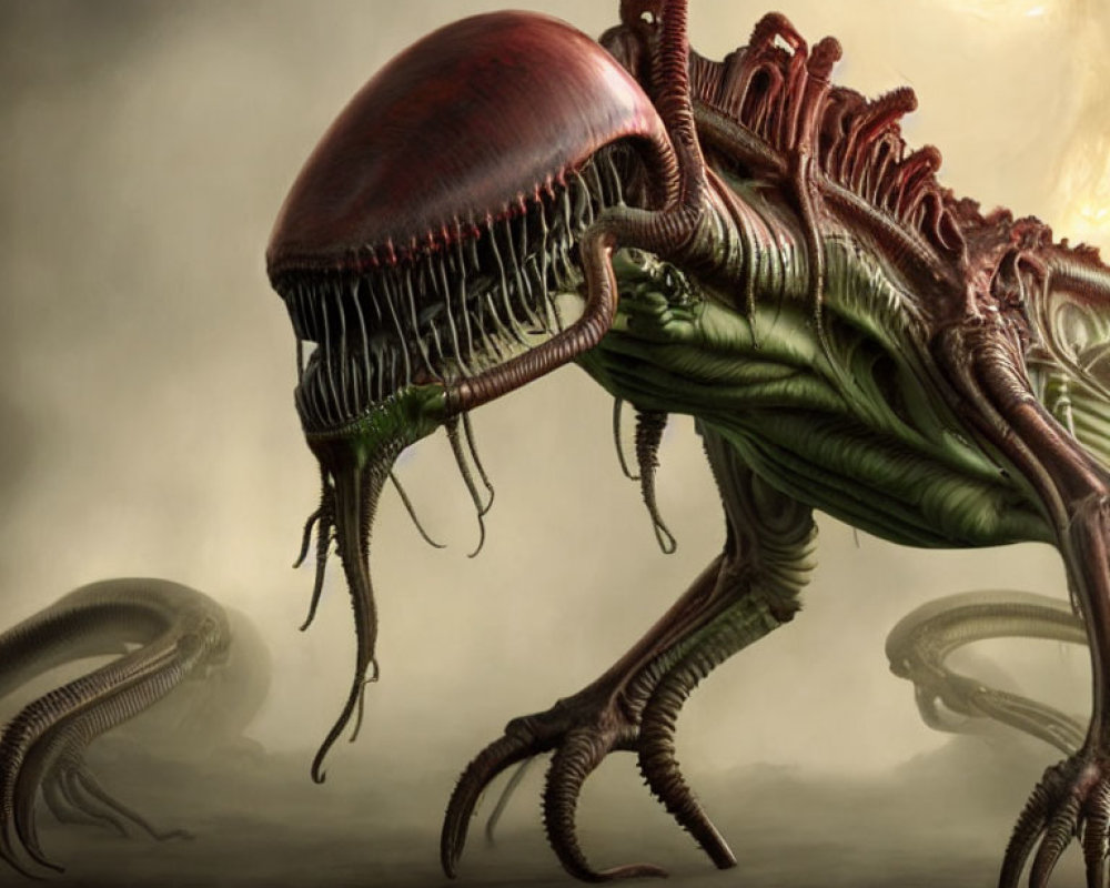 Monstrous multi-legged creature with red domed head in misty digital art