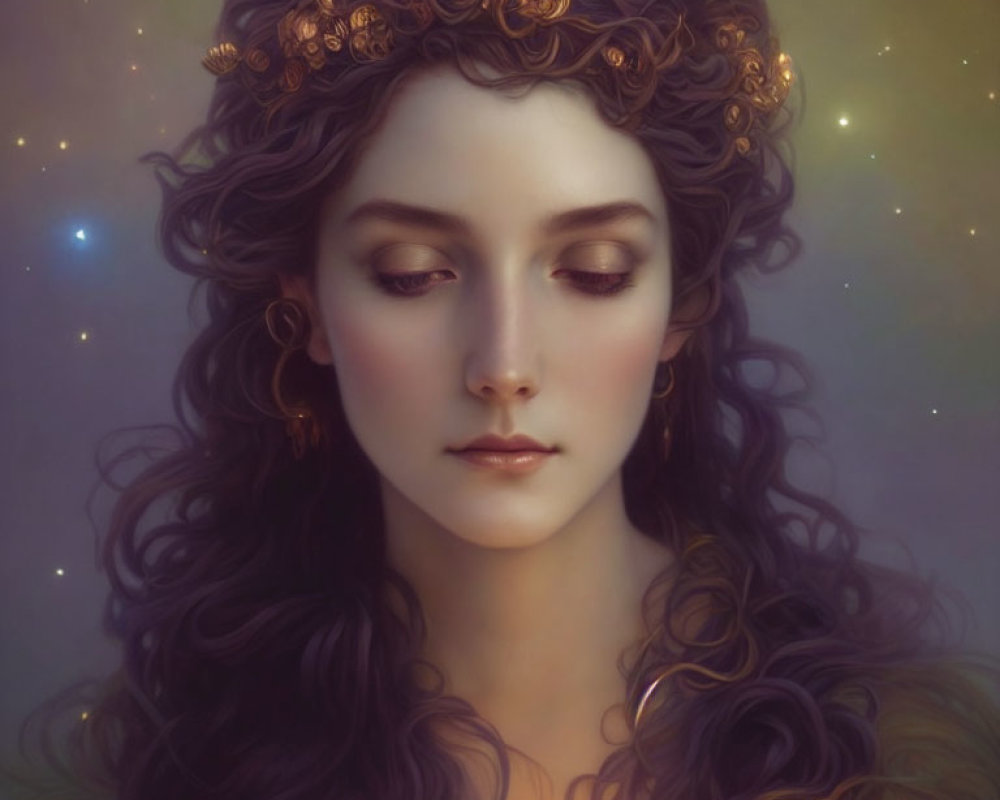 Digital portrait of woman with long curly hair, golden crown, earrings, surrounded by lights and birds.