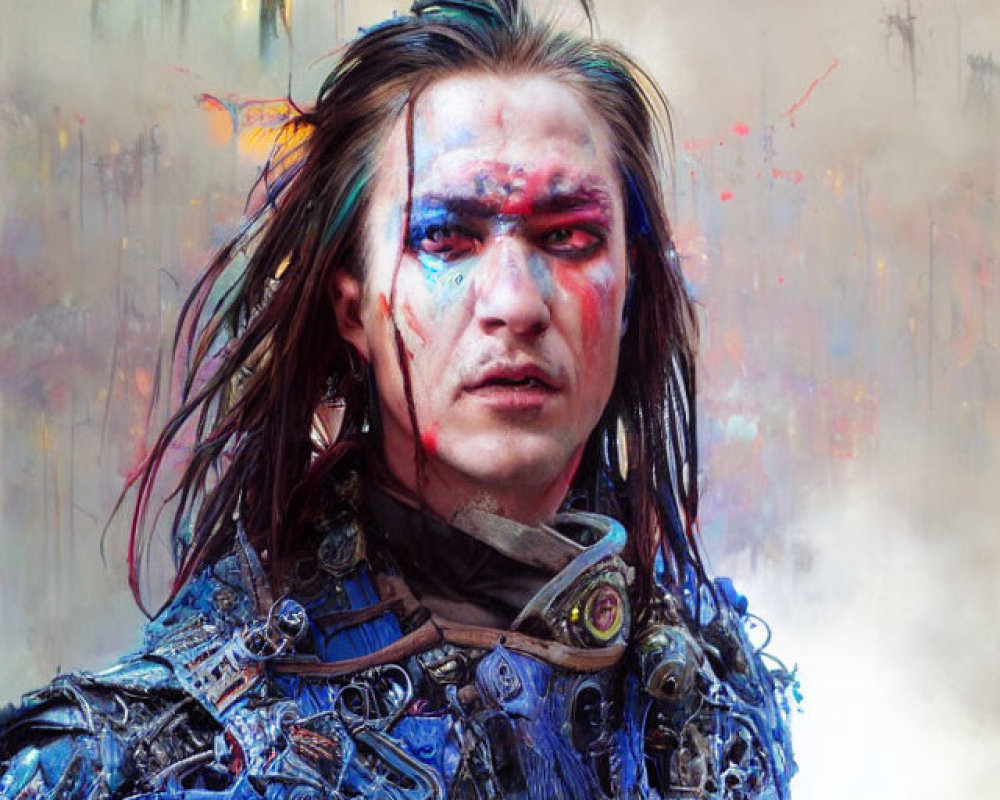 Blue-streaked long-haired person in sci-fi armor with paint-smeared face