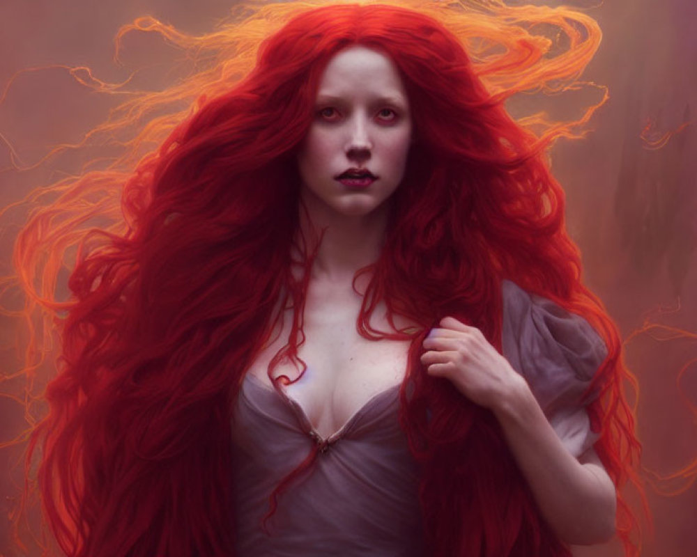 Woman with flowing red hair in misty ambiance.