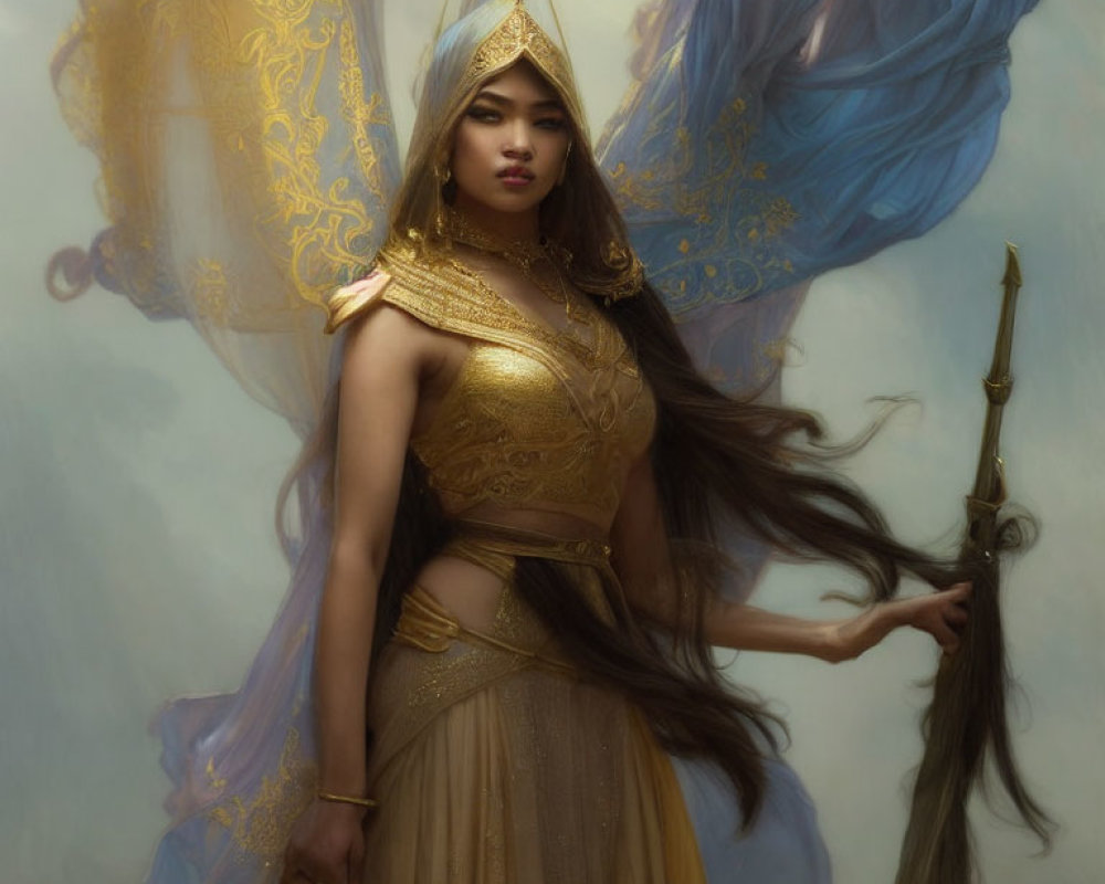 Regal warrior woman in golden armor wields sword in mystical setting