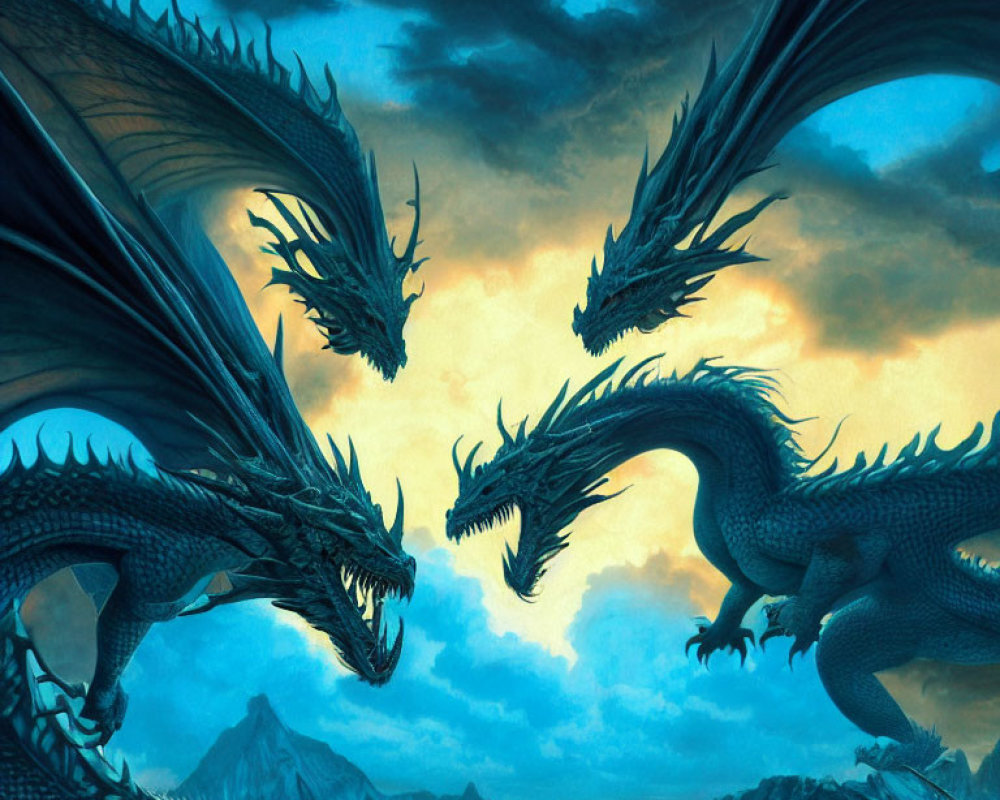 Four menacing dragons with expansive wings in a dramatic mountainous landscape