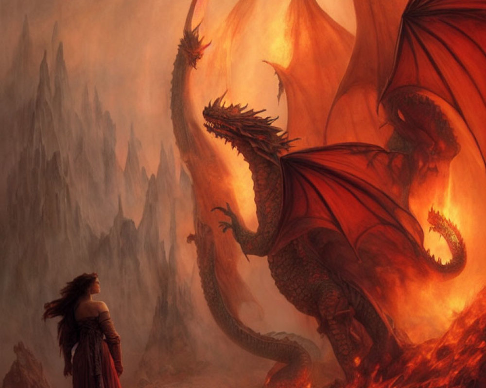 Person in red cloak faces massive red dragon in fiery landscape