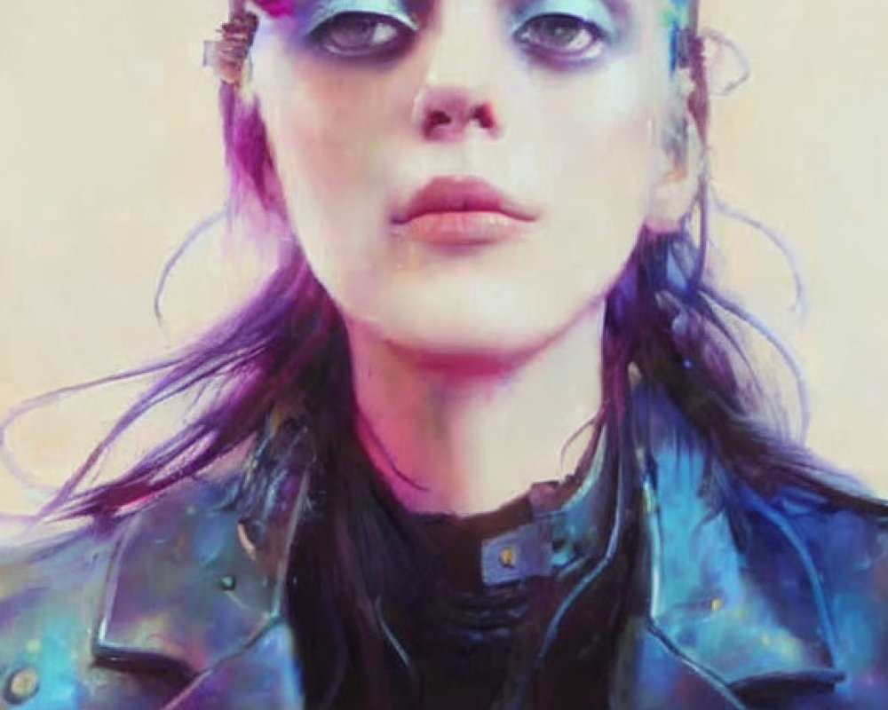 Woman in Colorful Leather Jacket with Striking Make-up and Sunglasses in Dreamy Setting