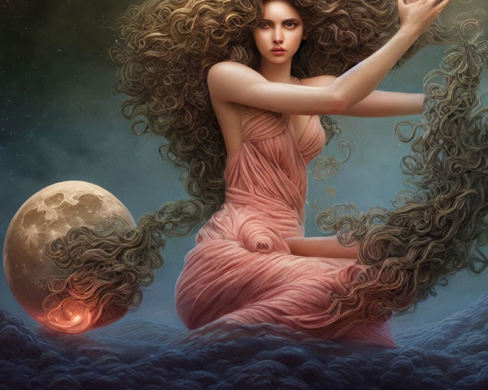 Surreal illustration of woman with wavy hair in clouds with red moon