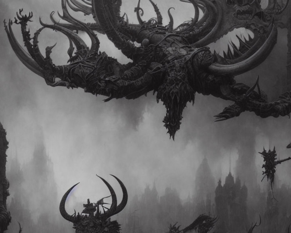 Monochromatic fantasy art: Giant horned creature in misty gothic landscape