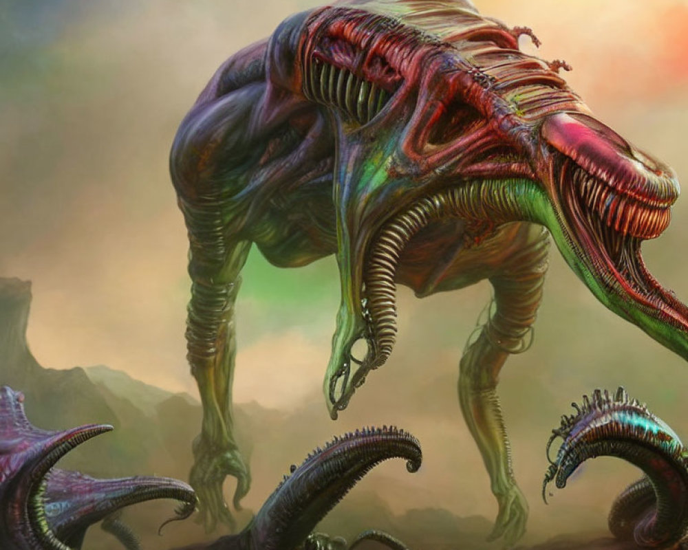 Fantastical creature with curved spine and tentacles in colorful landscape
