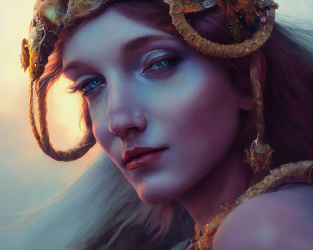 Digital painting of a woman with fantasy aesthetic and intricate horns.