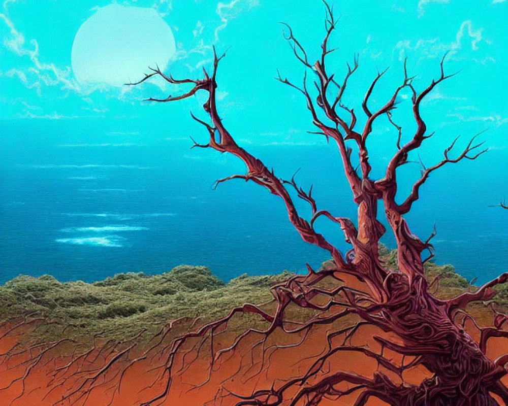 Colorful artwork: Red tree with intricate branches against turquoise sea, orange soil, and pale sky.