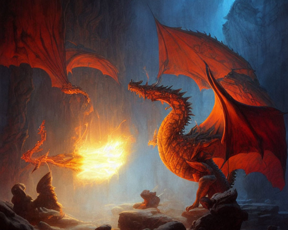 Red dragon breathing fire in dimly lit cave