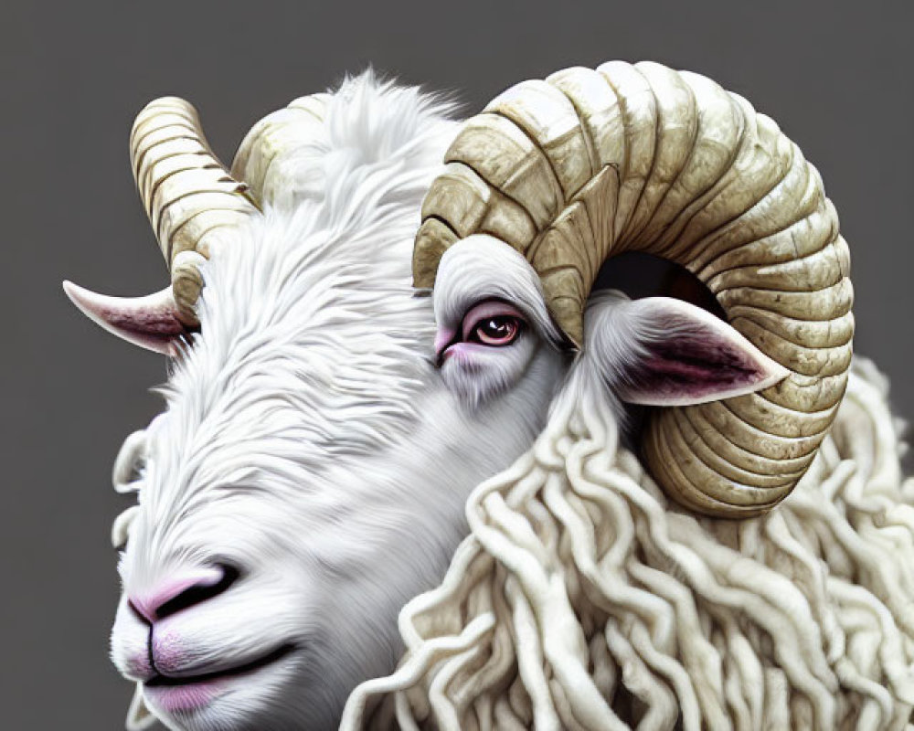 Creature illustration with sheep's head, body, and large curled ram's horn.