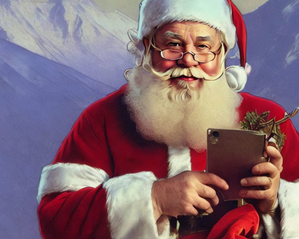 Traditional Santa Claus with Tablet and Holly in Snowy Mountain Setting