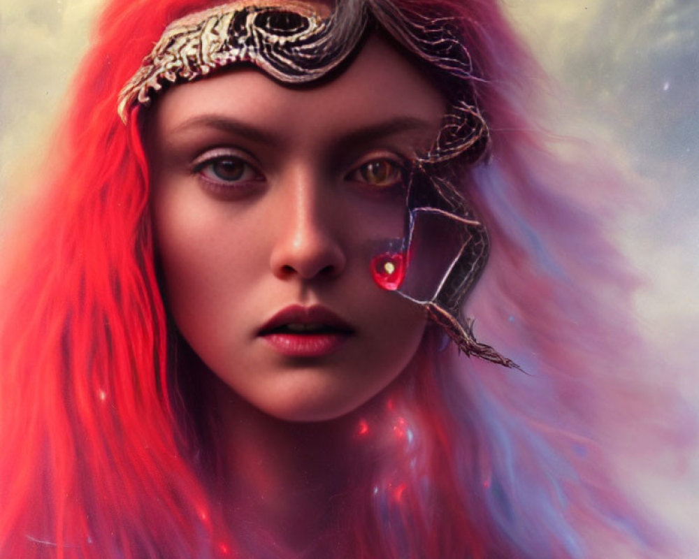 Vibrant red-haired woman with mystical eye-piece and crystal detail.