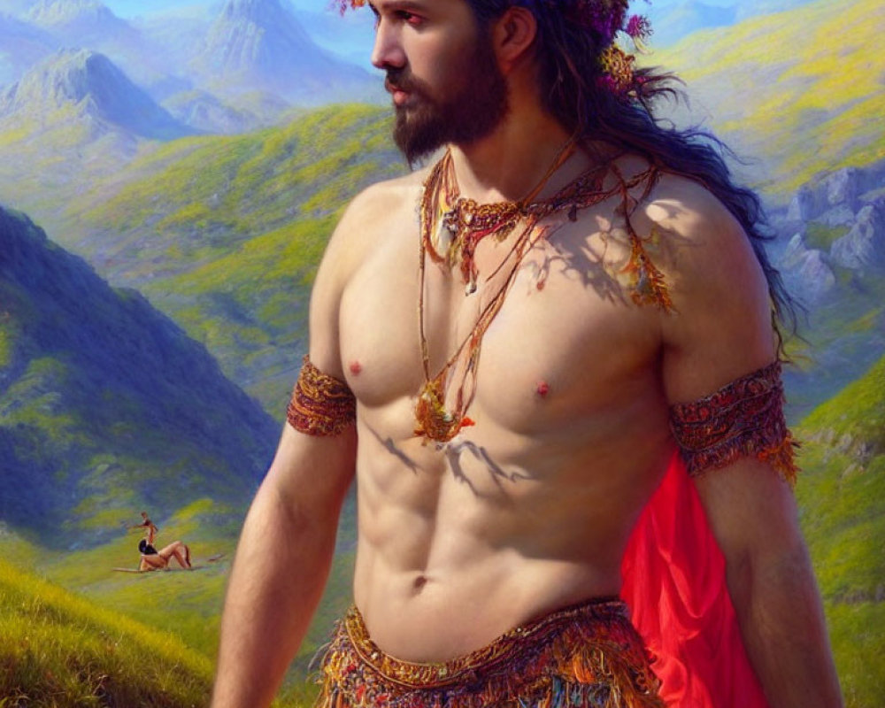 Mythological male figure with floral crown in mountain landscape