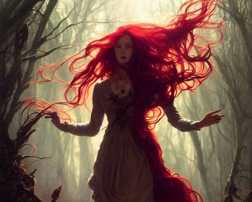 Woman with Red Hair in Ethereal Dress Surrounded by Misty Trees