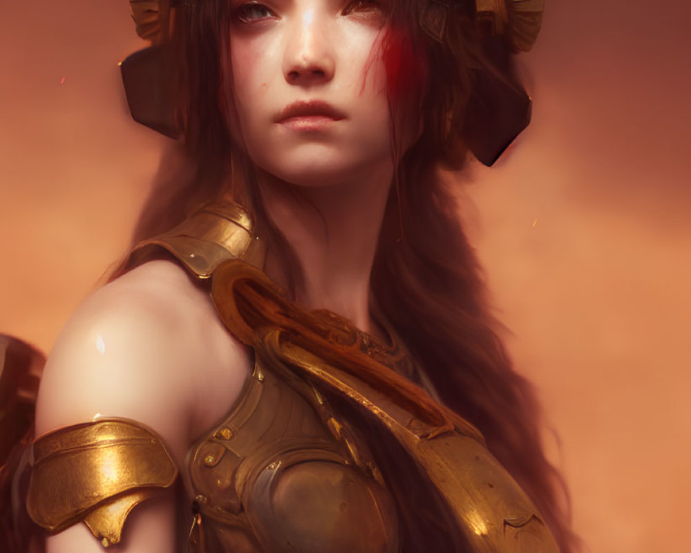 Fantasy warrior woman in golden armor with red streak under eye