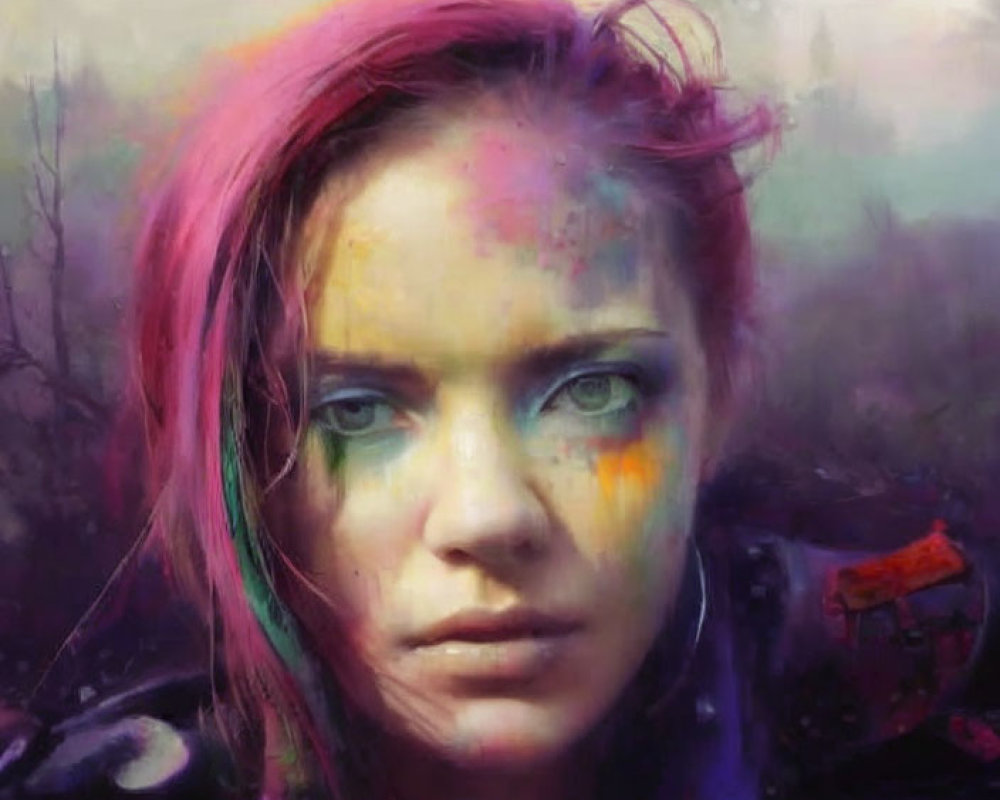 Portrait of Person with Green Eyes and Pink Hair in Colorful Ethereal Smudge Effect