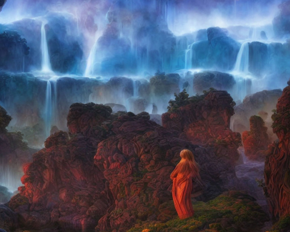 Person in orange robe at majestic waterfalls in ethereal blue light