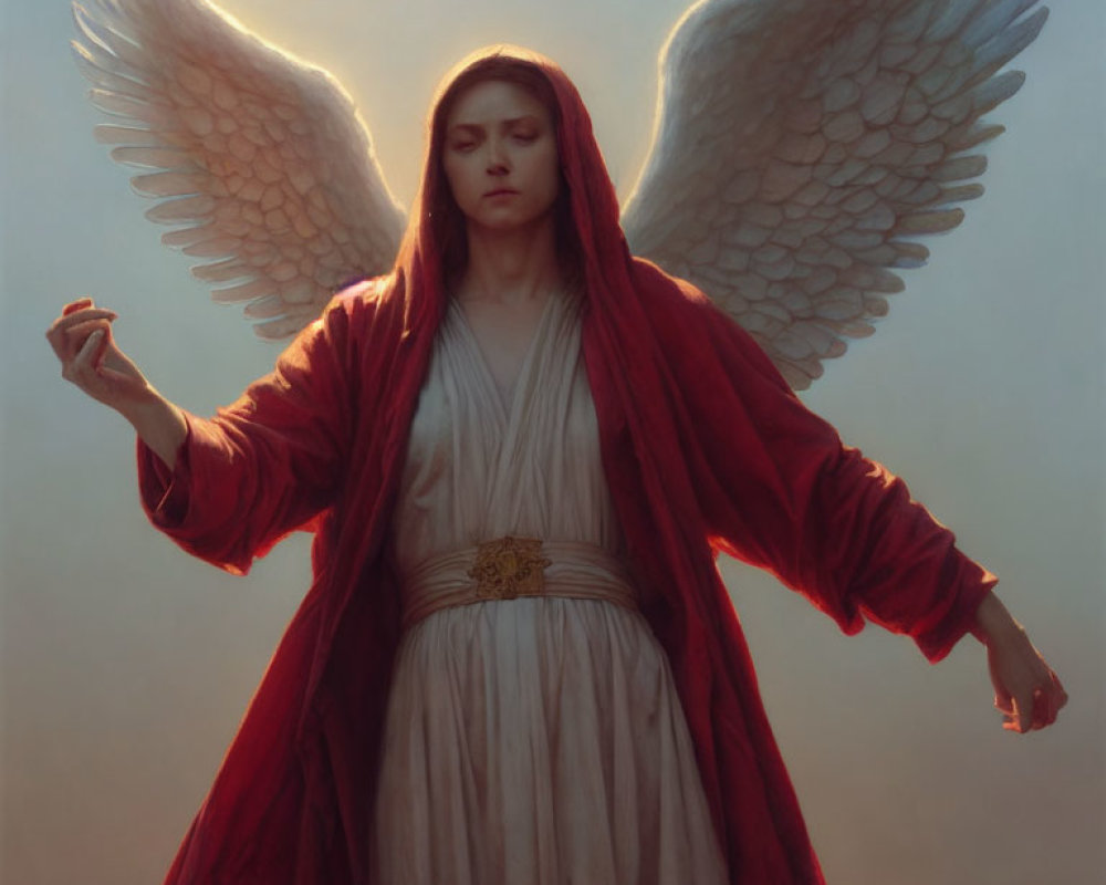 Angelic figure with white wings, red cloak, and cream garment gazes solemnly