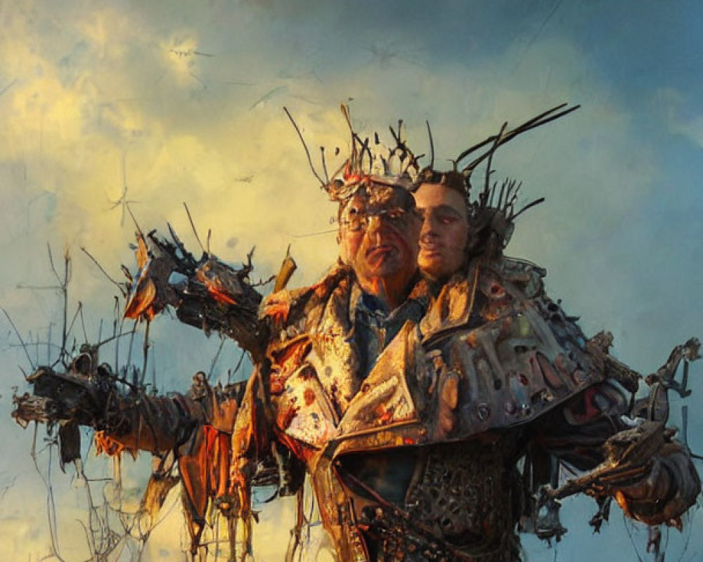 Two individuals in tribal attire with feathers and bones against dramatic sky.