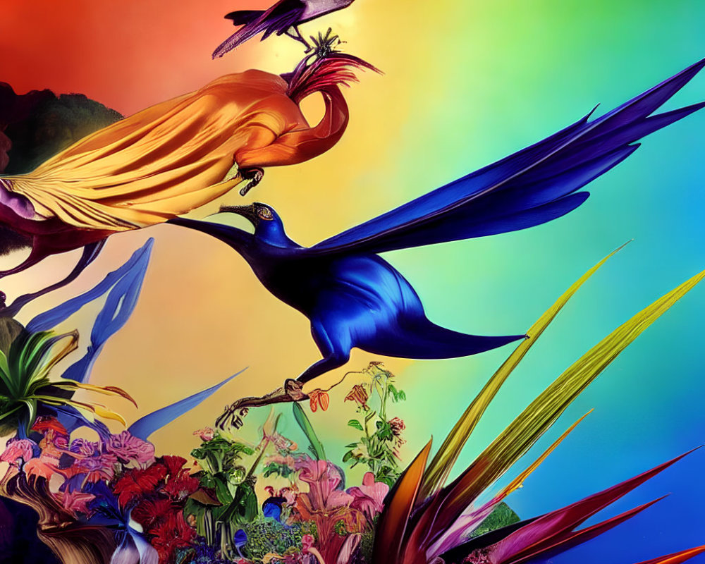 Majestic blue bird artwork with rainbow background