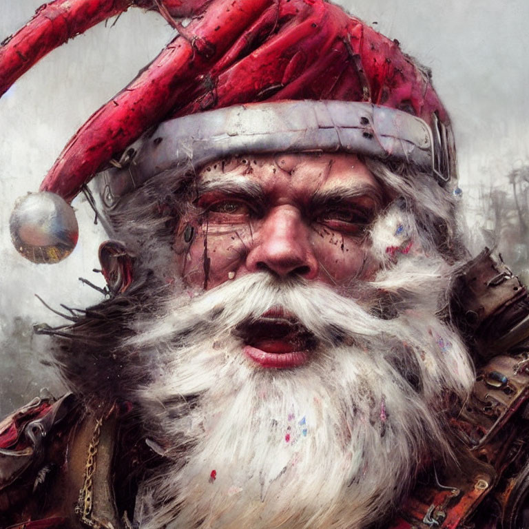 Gritty Santa Claus with battle-worn suit and helmet in foggy setting