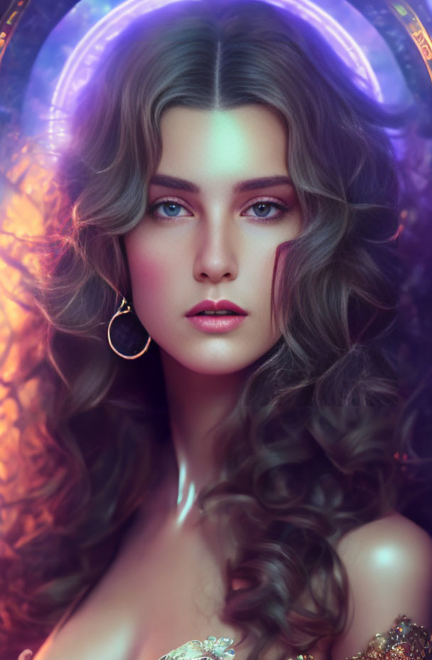 Portrait of woman with wavy hair and blue eyes in neon lights and halo.