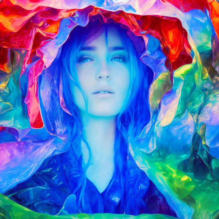 Blue-haired woman encircled by colorful translucent fabric.