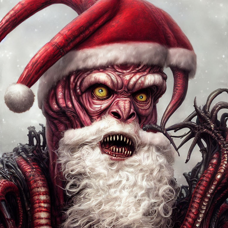 Monstrous Santa Claus with tentacles, sharp teeth, and yellow eyes