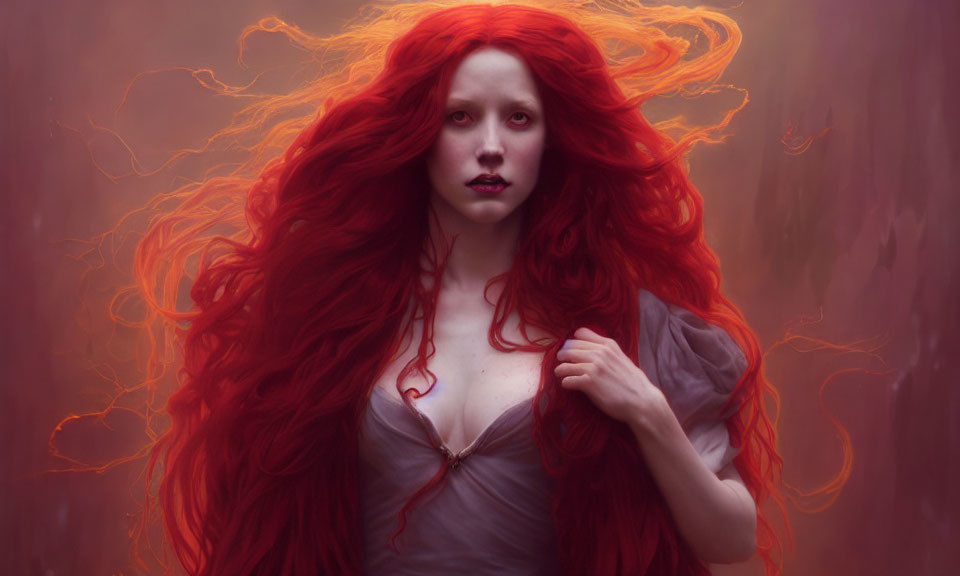 Woman with flowing red hair in misty ambiance.