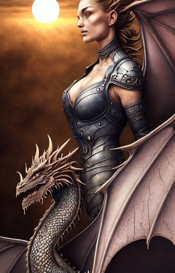 Detailed Armor Warrior Woman with Dragon in Amber Sky