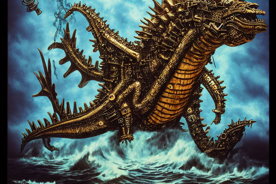 Mechanical dragon emerges from stormy sea waves