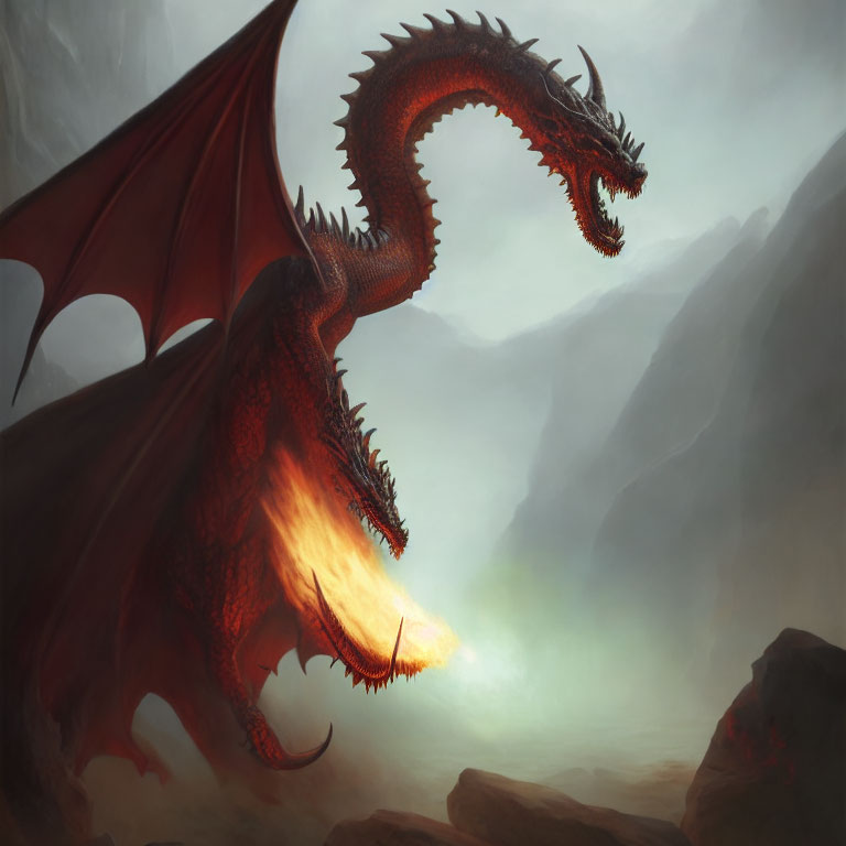 Red Dragon with Expansive Wings and Sharp Spikes in Misty Landscape