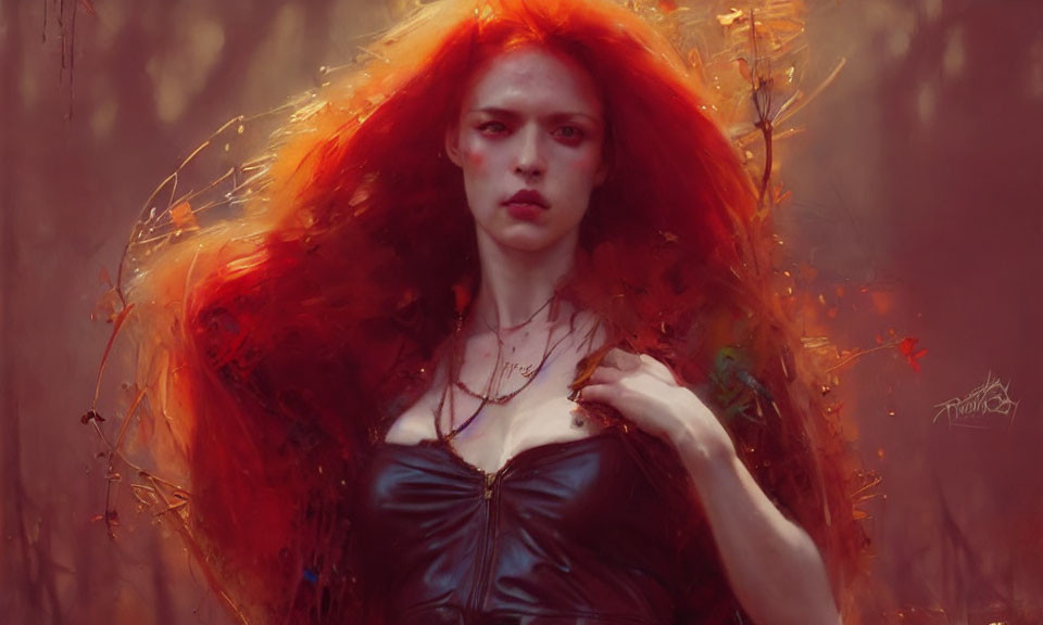 Fiery red-haired woman in dark corset against autumnal backdrop