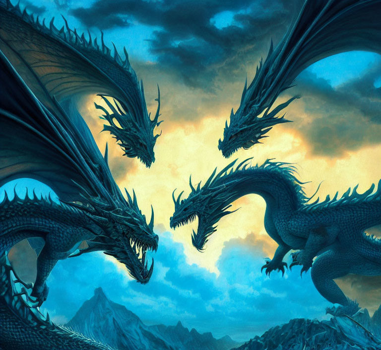 Four menacing dragons with expansive wings in a dramatic mountainous landscape