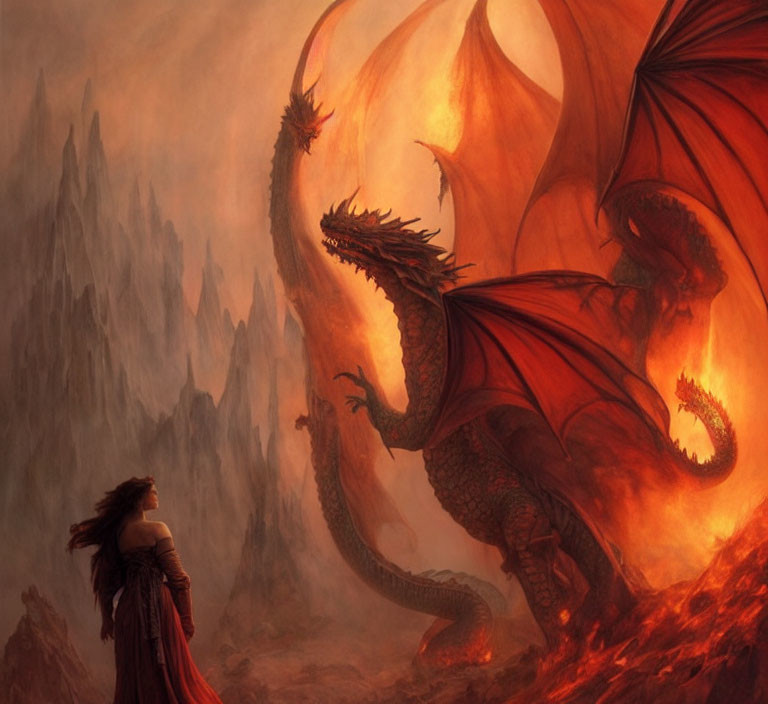 Person in red cloak faces massive red dragon in fiery landscape