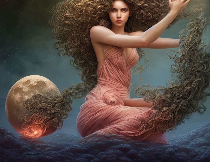 Surreal illustration of woman with wavy hair in clouds with red moon